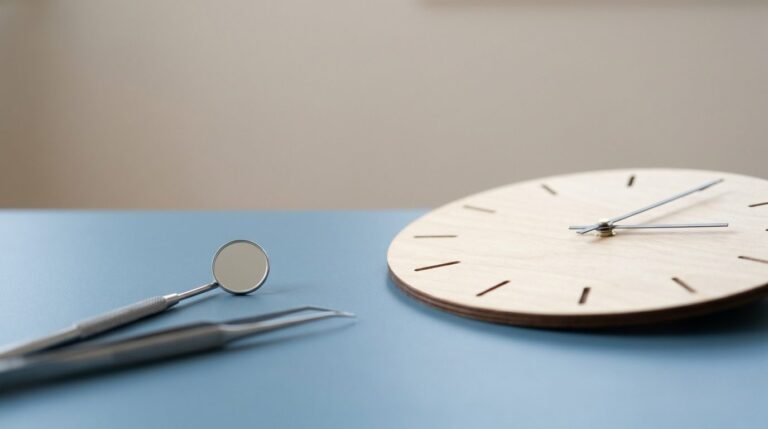 Dental mirror beside a clock on a blue surface