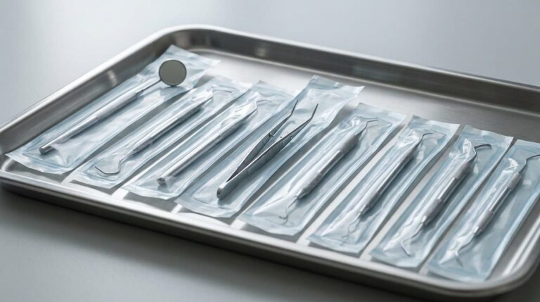 Sterile dental instruments on a steel tray