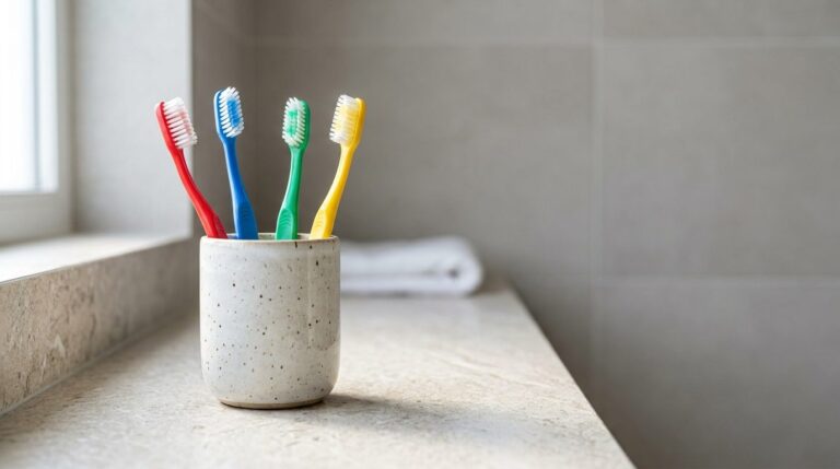 Family toothbrushes in a cup on a counter