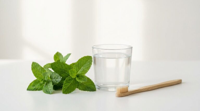 Mint leaves, water, and a toothbrush