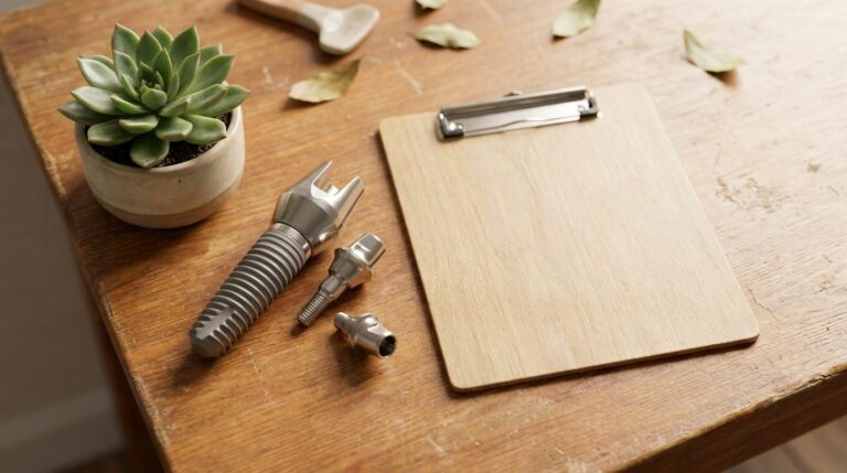 Dental implant model on a desk beside a clipboard