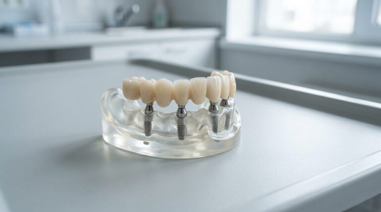 Full arch dental implant model with fixed bridge