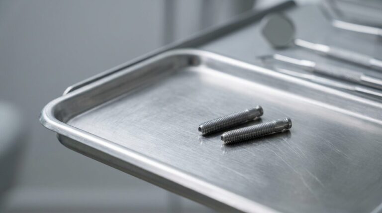 Mini dental implants on a steel tray