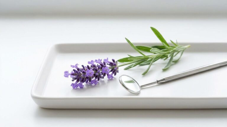 Lavender sprig beside a dental mirror