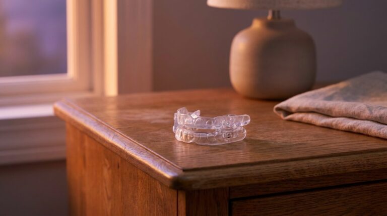 Oral sleep apnea appliance on a nightstand